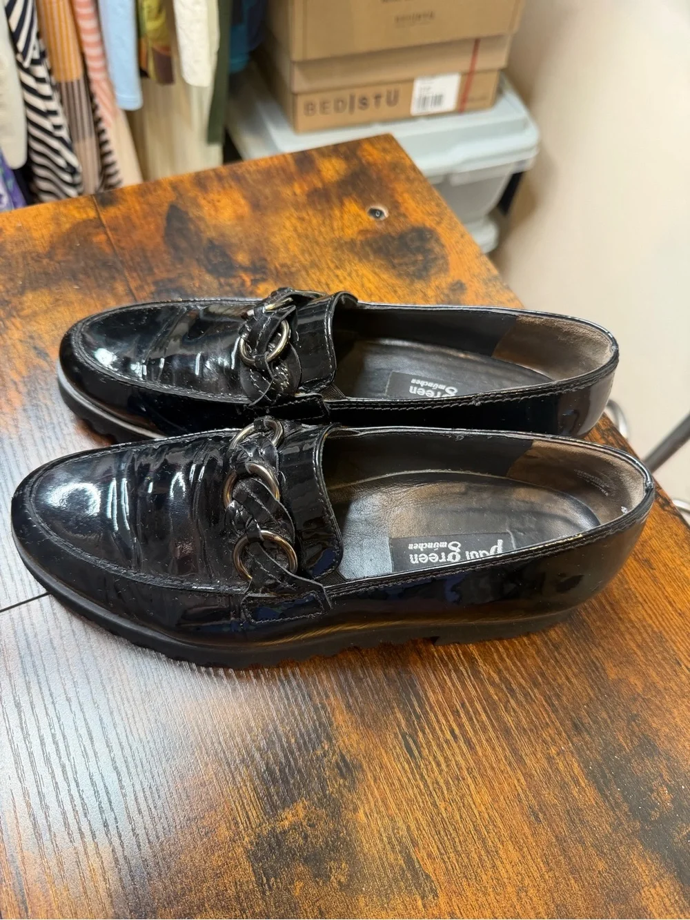 Paul Green Womens Black Patent Leather Chain Loafers Size 4.5/US7